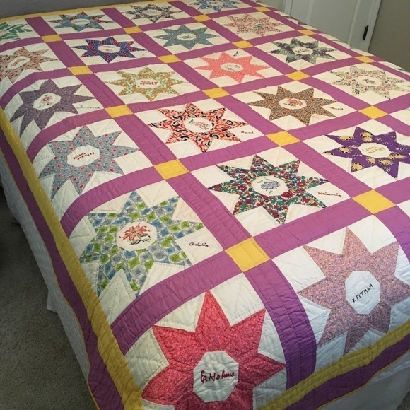 30's Antique Vintage Star / Sun Pattern Name Quilt - Picture 2 of 8